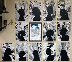 Mandyland: Zentangles with 6th Graders Zentangle Silhouette Art, Zentangle Silhouette, Classe D'art, 7th Grade Art, 8th Grade Art, Middle School Art Projects, Art Lessons Middle School, 6th Grade Art, 5th Grade Art