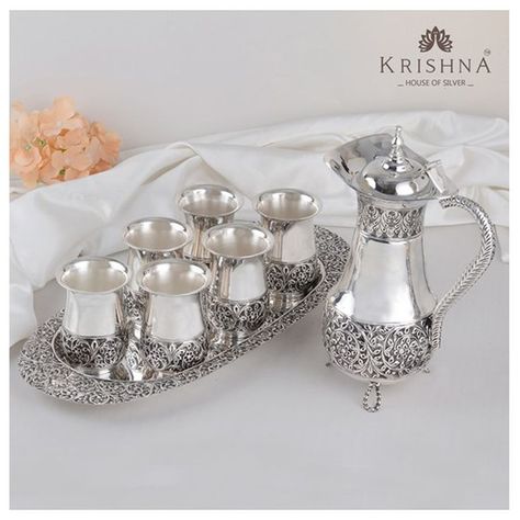 Silver Glass Set, Silver Home Accessories, Silver Jug, Silver Kitchen, Dinner Ware, Pooja Items, Antique Necklaces Design, Silver Pooja Items, Antique Silver Jewelry