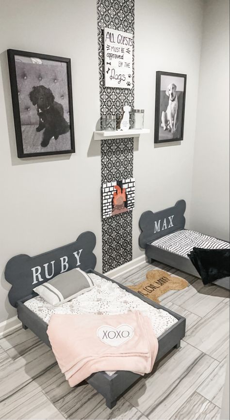 Dog Room With Tv, Dog Room Bedroom, Dog Homes Ideas Indoor, Dog Bed Decor Spaces, Dog Room Decor Small Spaces, How To Decorate A Dog Room, Cat And Dog Bedroom Ideas, Dog Spaces In Bedroom, Dog Bedrooms In House Ideas