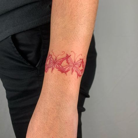 Devine Tattoo, Wrist Band Tattoo, Rose Hand Tattoo, Tattoo Red, Red Ink Tattoos, Wrist Tattoo, Band Tattoo, Wrist Band, Dope Tattoos