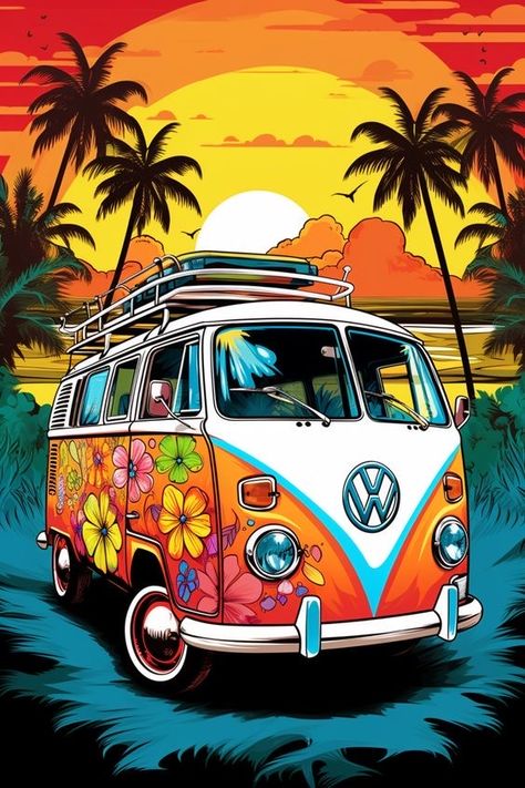 Volkswagen Bus Art, Combi Hippie, Retro Surf Art, Bus Art, Hippie Car, Vw Art, Hippie Bus, Vintage Vw Bus, Door Design Images