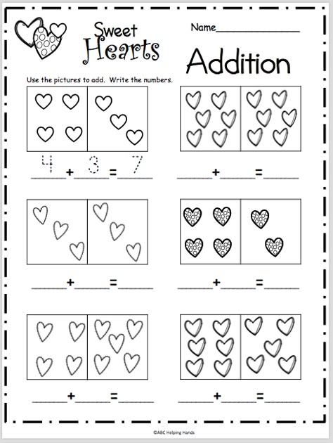 Free Valentine’s Day math worksheet.  Count the hearts in each box and complete the addition sentences.   This worksheet provides practice adding up to the number 12. Valentine’s Day Worksheets Kindergarten, Valentine Kindergarten Worksheets, February Math Preschool, Valentine's Crafts For Kindergarten, Valentine’s Day Prek, Valentine’s Day Worksheet, Valentine Math Worksheet, Valentines Day Math, Valentines Activities