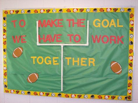 Football Bulletin Board Ideas | Make sure that you get a "T" connector, and 2 curved connectors so ... Superbowl Bulletin Boards, Teamwork Bulletin Board Ideas, Football Bulletin Board Ideas, Bulletin Board Ideas For Work, Teamwork Bulletin Boards, Scoreboard Ideas, Campaign Themes, Character Education Bulletin Boards, Football Bulletin Boards