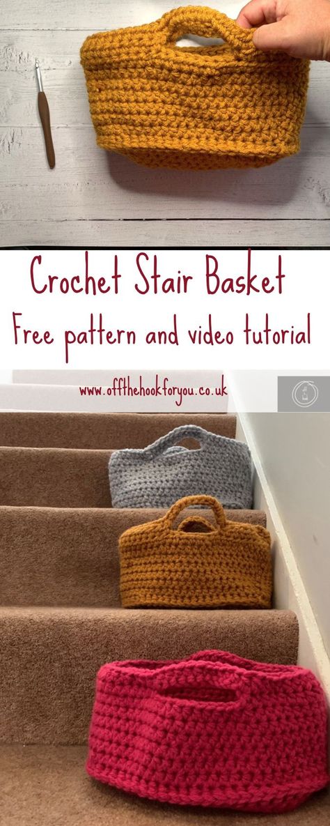 Crochet Storage Baskets Free, Easy Crochet Basket Pattern, Stair Basket, Crochet Basket Pattern Free, Crochet Storage Baskets, Crochet Baskets, Crochet Storage, Crochet Chain, Dekor Diy