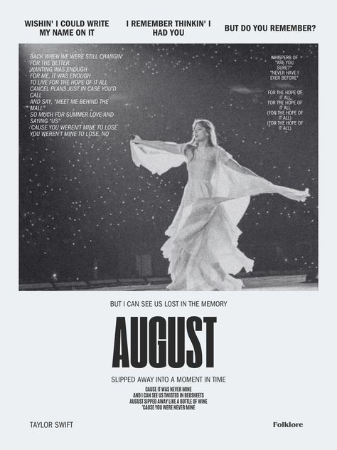 August Taylor Swift Poster, Vintage Taylor Swift Poster, Taylor Swift Folklore Era, Pinterest Wishlist, Vintage Taylor Swift, August Taylor Swift, Taylor Swift August, Folklore Era, Song Posters