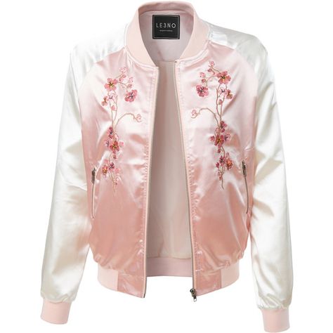 LE3NO Womens Lightweight Satin Floral Embroidery Zip Up Bomber Jacket ($25) ❤ liked on Polyvore featuring outerwear, jackets, bomber jacket, pink jacket, flight bomber jacket, flight jacket and blouson jacket Zip Up Jackets, Poncho Outfit, Ideas Embroidery, Blouson Jacket, Satin Jacket, Satin Jackets, Flight Jacket, Pink Jacket, Mode Hijab