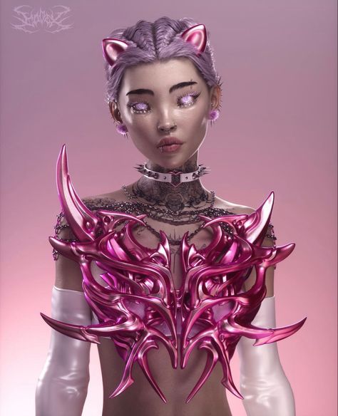 Pink Chromatic Outfit, Pink Futuristic Fashion, Pink Creepy Aesthetic, Metaverse Fashion, Armor Boots, Cybergoth Fashion, Crop Top Sewing Pattern, Drag Queen Outfits, Futuristic Aesthetic