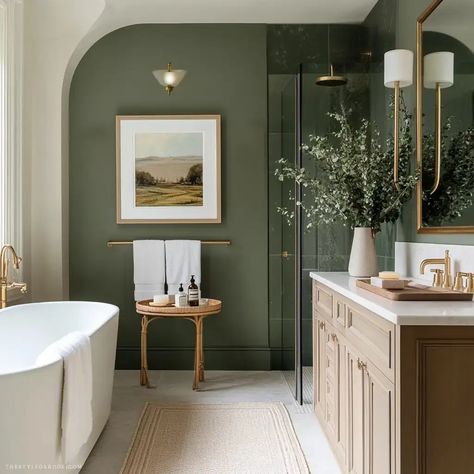 Green Vanity Powder Room Ideas, Green Wall Bathroom Decor, Green And Amber Bathroom, Bathroom Painted Green, Master Bath Sage Green, Green Full Bathroom, Card Room Green Bathroom, Flowers In The Bathroom, Olive Green And Gold Bathroom