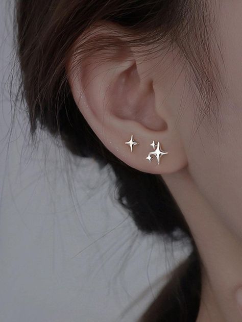 Silver  Collar  Zinc Alloy   Embellished   Women's Fashion Jewelry Star Stud Earrings, Dainty Studs, Punk Jewelry, Star Earrings Stud, Small Earrings Studs, Crystal Stars, Trendy Earrings, Star Studs, Ear Jewelry