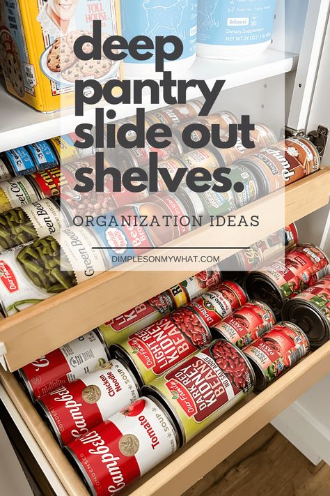 This article shows you the best way to utilize a deep pantry slide with slide out shelves so that you can see and reach everything easily. #kitchenorganization #deeppantry #deeppantrycabinet #deeppantryslideoutshelf #pantryorganization Canned Goods Storage Pantry Organization, Pantry Canned Goods Organization, Organize Deep Pantry, Can Good Storage Ideas, Deep Pantry Organization Ideas, Can Organization, Canned Good Storage, Deep Pantry Organization, Pantry Can Organization