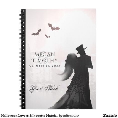 Halloween Lovers Silhouette Matching Guest Book Lovers Silhouette, Purple Notebook, Wedding Guest Book Table, Halloween Wedding Invitations, Halloween Themed Wedding, Wedding Guest Book Unique, Zazzle Wedding, Elegant Halloween, Rustic Wedding Guest Book