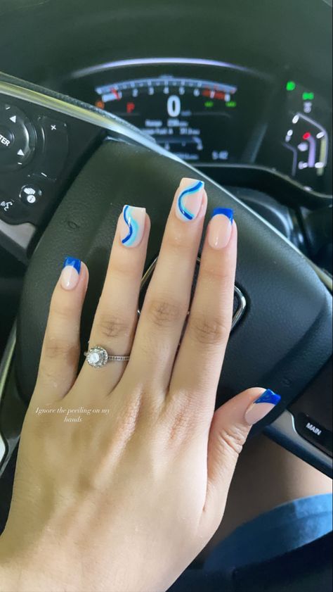 Nails For Flight Attendants, Sport Acrylic Nails, Simple Short Nail Designs Summer Blue, Short Acyrilics Nails Designs Square, School Dance Nail Ideas, Short Acrylic Nails For Sports, Nails For Alaska Vacation, Short Acrylic Nails Blue Design, Short Acrylic Nails For Volleyball