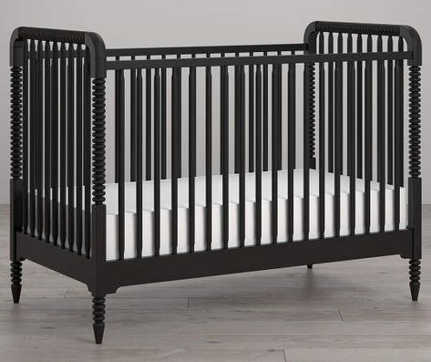 Baby Cot Industrial Nursery Ideas, Black Furniture Nursery, Nursery With Black Crib, Dark Nursery Ideas, Black Crib Nursery, Gothic Nursery, Dark Nursery, Wood Spindles, Black Crib