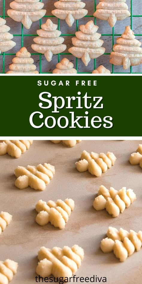 Sugar Free Spritz Cookies, a simple and classic holiday Christmas cookie recipe that can be with low carb option. Stevia Desserts, Sf Desserts, Sugar Free Christmas Cookies, Sugar Free Icing, Sugar Free Cookie, Sugar Free Cookie Recipes, Splenda Recipes, Spritz Cookie Recipe, Sugar Free Baking