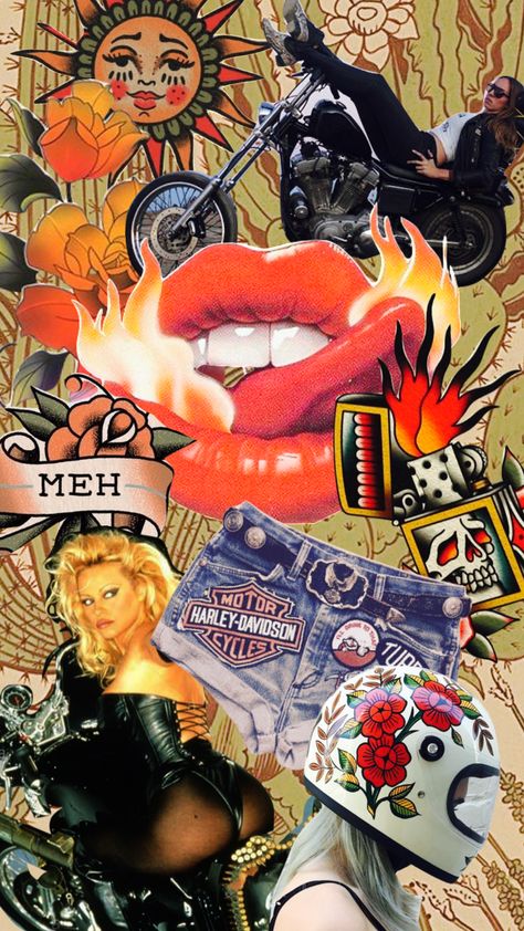 #biker #bikerchick #moodboard #collage #badass #edgy #edgyfashion #fashion #pamelaanderson #vintage #aesthetic #girlboss #babes #babe #80’s #80svibe #motorcycle #harley #harleydavidson #harleybabe Goth Aesthetic Room, Rockabilly Aesthetic, Moodboard Collage, Harley Davidson Wallpaper, Motorcycle Aesthetic, Biker Aesthetic, Biker Gang, 80s Vibes, Vintage Biker