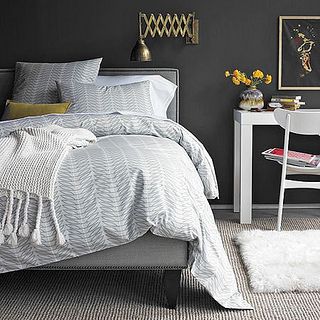 dark gray bedroom by Mudrick, via Flickr - <3 except for the light fixture and the painting. Nice bedroom. Charcoal Bedroom, Dark Gray Bedroom, Dramatic Bedroom, Dark Bedroom, Gray Wall, Bedroom Pictures, Dark Walls, Gray Bedroom, Grey Walls