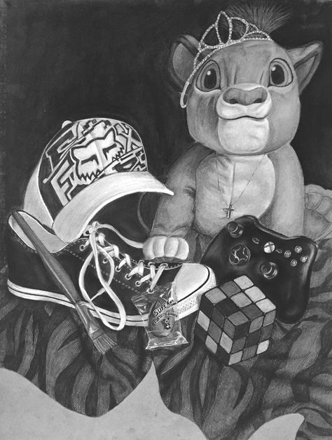 Student work - Foundation Drawing - Youngstown State U. - personal still life. High School Still Life Drawing, Toy Still Life Drawing, Personal Possessions Art, Personal Still Life, Childhood Objects, Drawing Assignments, Foundation Drawing, Life Themes, Drawing Still Life