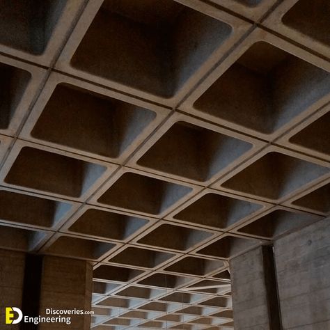 Ceiling Mid Century, Waffle Ceiling, Scandinavian Eclectic, Contemporary Beach House, Concrete Ceiling, White Minimal, Concrete Slab, Industrial Buildings, Reinforced Concrete