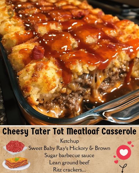 Discover the ultimate comfort food with this Cheesy Tater Tot Meatloaf Casserole recipe! Easy to make, family-friendly, and incredibly delicious. Perfect for busy weeknights and family gatherings. Pin now to save for later! Tater Tot Meatloaf, Meatloaf Topping, Cheesy Tater Tots, Meatloaf Casserole, Baby Ray, Tater Tot Recipes, Sweet Baby Ray, Tater Tots, Barbecue Sauce