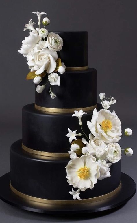 Black And Gold Wedding Cake, Chic Cake, Fondant Flower Tutorial, Black And Gold Wedding, Black Cake, Black Wedding Cakes, 50th Anniversary Party, Simple Cake Designs, Special Cakes