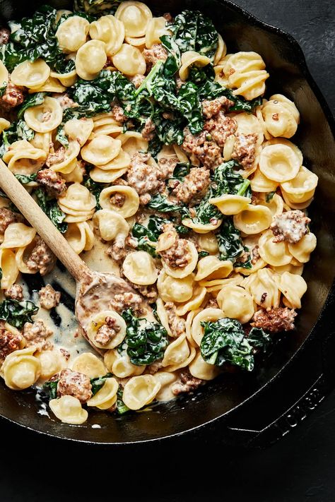 Lemon Pasta With Sausage, Creamy Chicken Sausage And Kale Cavatappi, Sausage Pea Pasta, Spicy Sausage Orecchiette, Creamy Sausage And Pasta, Oriecchete Recipes, Sausage Kale Pasta Recipes, Pasta Kale Recipes, Creamy Italian Sausage Pasta Recipes