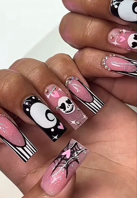 Wednesday Inspired Nails, Cowboy Nails, Girly Nails, Bday Nails, Teen Nails, Horror Nails, Spooky Nails, Nail Goals, Halloween Acrylic Nails