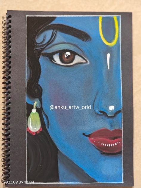 Radha Krishna Aesthetic Sketch, Krishna God Drawing, Krishna Ji Easy Painting, The End Design For Project, Krishna Half Face Painting, Krishna Ji Oil Pastel Drawing, Easy Painting Of Krishna, Krishn Drawings Easy, Krishna Sketch Aesthetic