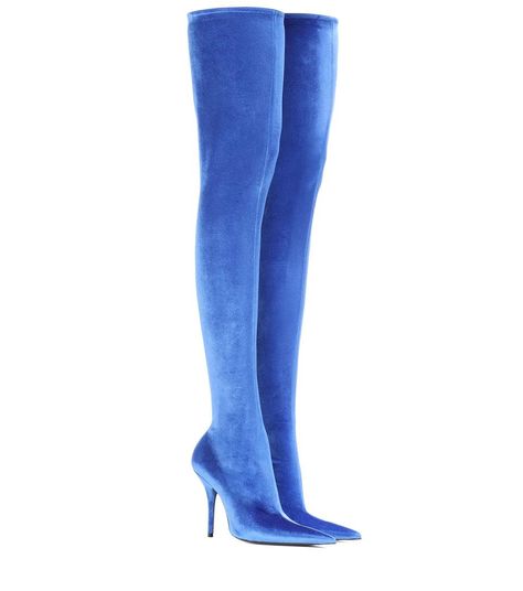 BALENCIAGA - Knife velvet over-the-knee boots - Balenciaga's Knife over-the-knee boots have a sharp silhouette and stretchy sock-like fit inspired by the universe of fetishism. Crafted in Italy from plush velvet, this bright blue pair have a keen knife-inspired pointed toe and an ice-pick heel. Work yours with mini dresses for a sultry ensemble. - @ www.mytheresa.com Blue Velvet Boots, Above Knee Boots, Balenciaga Blue, Balenciaga Boots, Velvet Boots, Blue Boots, Pointed Toe Boots, Balenciaga Shoes, Blue Heels