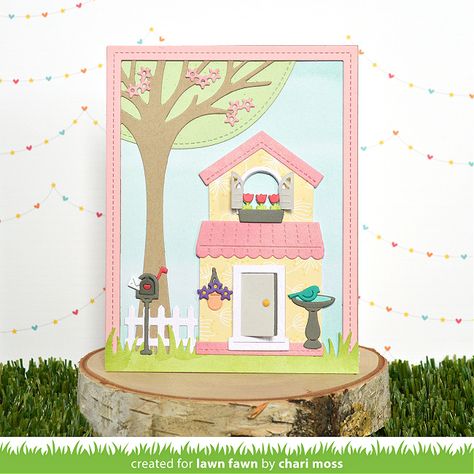 Lawn Fawn Intro: Build-A-House Spring Add-On and Tiny Gift Box Frog Add-On - Lawn Fawn Lawn Fawn Build A House, Sweet Frog, House Cards, Tree Borders, Giveaway Post, Lawn Fawn Blog, Frog Princess, Build A House, Spring Scene