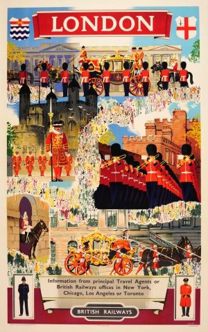 London British Railways 1950s - original vintage British Railways travel advertising poster for London listed on AntikBar.co.uk  #London #BritishRailways #Train #Travel #History #Tourism #Art #BuckinghamPalace #TowerOfLondon #QueensGuard #Beefeater #YeomanWarder #ChelseaPensioner #Royal #Ceremony #MarchingBandDay England Travel Poster, Posters Uk, Train Posters, Travel Advertising, Modern Postcard, Transportation Poster, British Railways, London Poster, Living In London