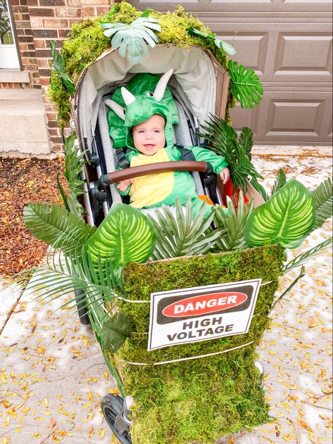 Dinosaur Stroller Costume, Dinosaur Themed Family Costumes, Family Halloween Costumes Stroller, Baby Dinosaur Halloween Costume, Infant Dinosaur Costume, Family Costume Newborn, Infant Costume For Boys, Jurassic Park Stroller Costume, Mom And Son Dinosaur Costumes