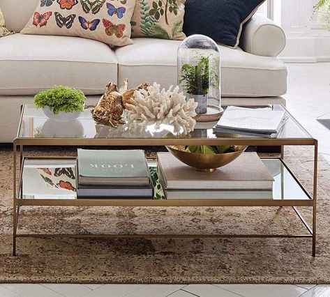 Modern and stylish coffee table, Leona Coffee Table, glass and iron and brass, coffee table style, light and bright living room #afflinksponsored Glass Coffee Table Decor, Rectangular Glass Coffee Table, Coffee Table Pottery Barn, Cube Table, Coffee Table Styling, Glass Top Coffee Table, Table Cafe, Diy Coffee Table, Cool Coffee Tables