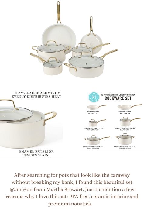 After searching for pots that look like the caraway without breaking my bank, I found this beautiful set @amazon from Martha Stewart. Just to mention a few reasons why I love this set: PFA free, ceramic interior and premium nonstick. An amazon affiliate Ceramic Interior, Kitchen Cookware Sets, Linen White, Cookware Sets, Kitchen Cookware, Gold Handles, Cookware Set, Dutch Oven, Pots And Pans