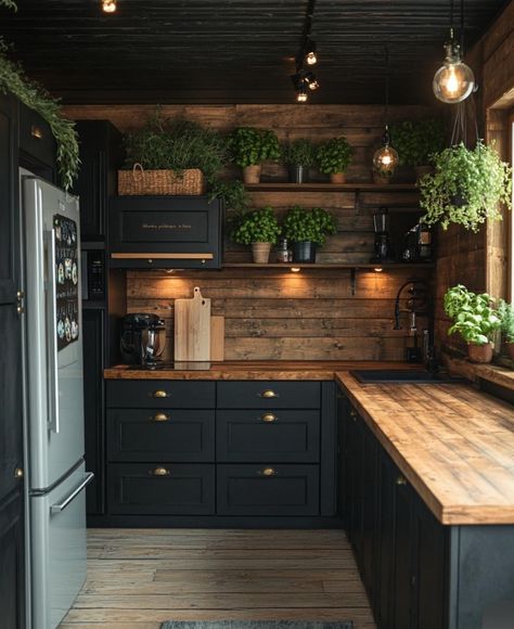 Dark Kitchen With Butcher Block, Moody Kitchen Butcher Block, Simple Kitchen Aesthetic, Black And Pine Kitchen, Dark Minimalist Kitchen, Earthy Vintage Kitchen, Black Cabinets Wood Countertop, Rustic Kitchen Design Inspiration, Black Themed House