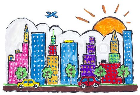 cityscape Big City Drawing, Scape Painting, City Scape Painting, Town Drawing, Drawing Online, Romare Bearden, Building Things, Children Drawing, Art Kits For Kids