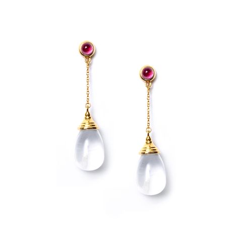 18 karat yellow gold Gemstone drops 20 carats plus Rubellite tops 1 carat approx. Post backs for pierced ears Gemstone Drop Earrings, Earrings Inspiration, Girly Jewelry, Jewelry Inspo, Topaz Gemstone, Rock Crystal, Chain Earrings, Pierced Ears, Diy Necklace