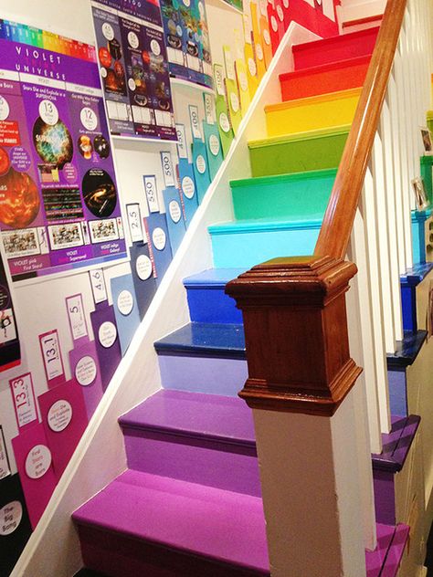 Rainbow Hallway, Rainbow Staircase, Colorful Room Aesthetic, Rainbow Stairs, Colourful Room, Rainbow Room Decor, Rainbow Home Decor, Rainbow House, Rainbow Pictures