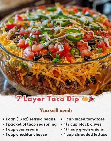 Seven Layer Taco Dip, Layer Taco Dip, 7 Layer Taco Dip, Layered Taco Salads, Layered Taco Dip, Martha Stewart Recipes, Ina Garten Recipes, Jamie Oliver Recipes, Taco Dip