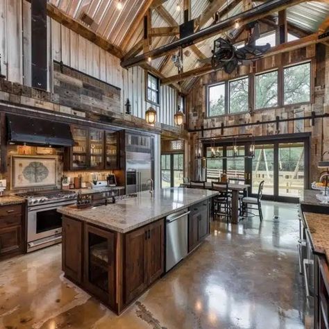 Barndominium Kitchen Ideas Medium Sized Barndominium, Barndominium Indoor Ideas, Bardominum Kitchen, Barndominium Interior Decor, Western Barndominium Interior, Barndominium Man Cave, Bardominum Ideas Kitchen, Modern Barndominium Ideas Interior, Barndominium Decorating Ideas