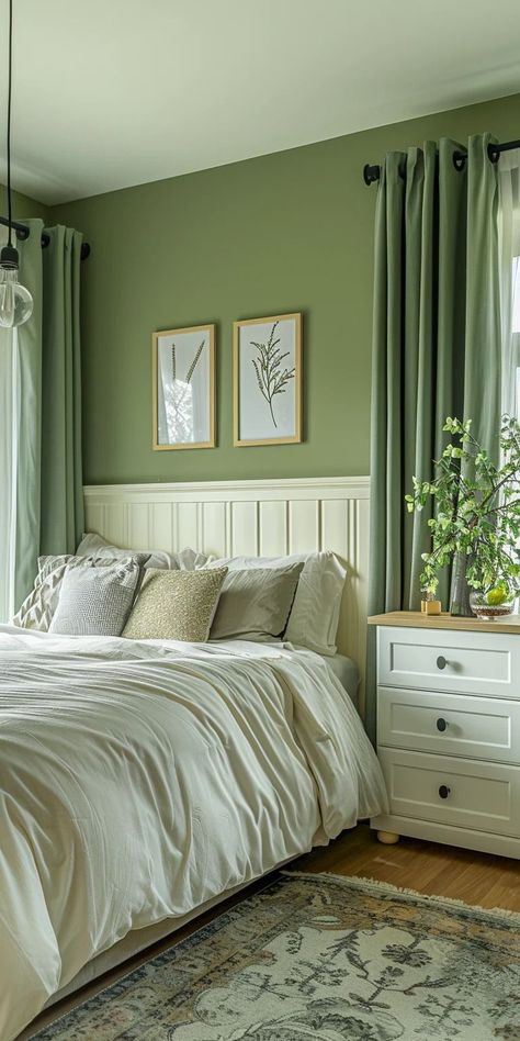 Bedroom Olive Green Walls, Olive Green Room, Dream Bedroom Ideas, Olive Green Bedroom, Sage Green Bedroom Ideas, Boho Dining Room Decor, Olive Green Bedrooms, Sage Bedroom, Green Bedroom Walls