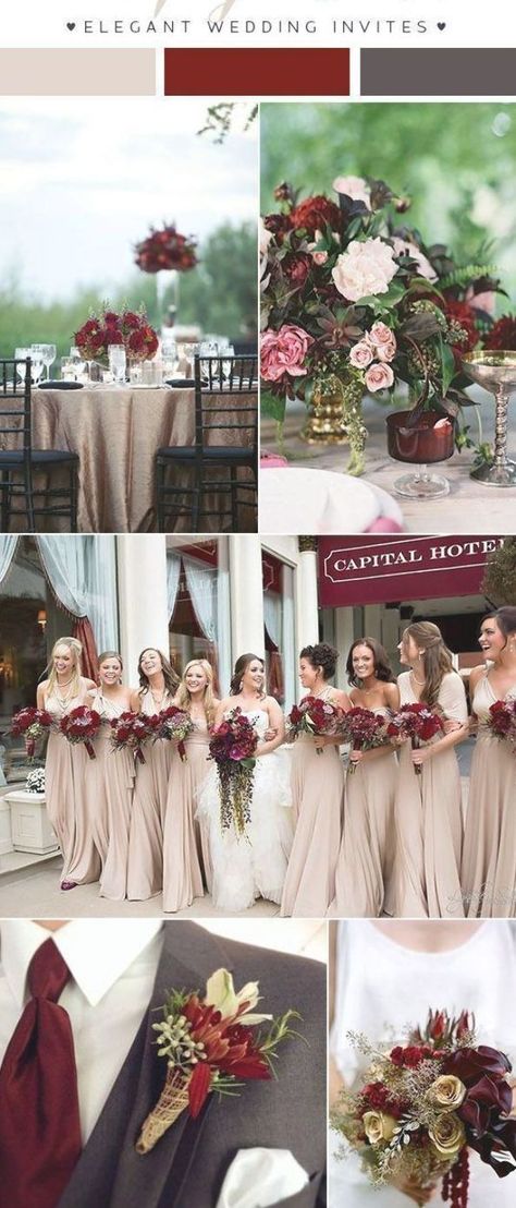 wine red and dark grey wedding color combo ideas for 2018 #WeddingIdeasTheme | Champagne wedding themes, Red wedding theme, Wedding theme colors Wedding Colors Schemes Fall, Burgundy Champagne Wedding, Champagne And Red Wedding, Dark Grey Wedding, Champagne Wedding Themes, Wedding Colors Schemes, Burgundy And Grey Wedding, Wine Colored Wedding, Dark Red Wedding