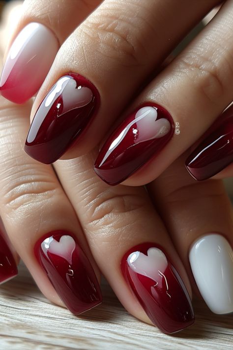 Valentines Nails 2024 2024 Nails Trend Valentines, Valentine Nails 2024, Simple Valentines Day Nails, Diy Valentine's Nails, Simple Valentines, Pedi Ideas, Dark Red Nails, Valentine Nail Art, Romantic Nails