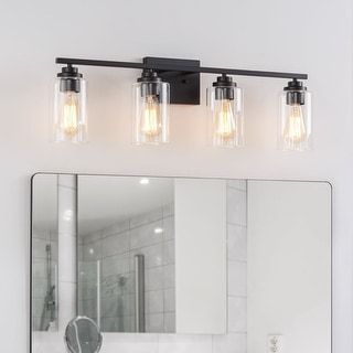 KAWOTI 4 Light Bathroom Vanity Light with Clear Glass Shade - Bed Bath & Beyond - 37174767 Bathroom Light Fixtures Black, Light Fixtures Black, Modern Bathroom Light Fixtures, Modern Vanity Lighting, Black Vanity Light, Modern Bathroom Lighting, Black Light Fixture, Black Vanity, Bathroom Light