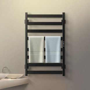 Shower Towel Storage, Towel Warmer Rack Bathroom, Black Towel Warmer, Towel Warmer Bathroom Wall Mount, Modern Bathroom Towel Rack Ideas, Towel Warmer Bathroom, Masterbath Ideas, Heated Towel Racks, Modern Towel Rack