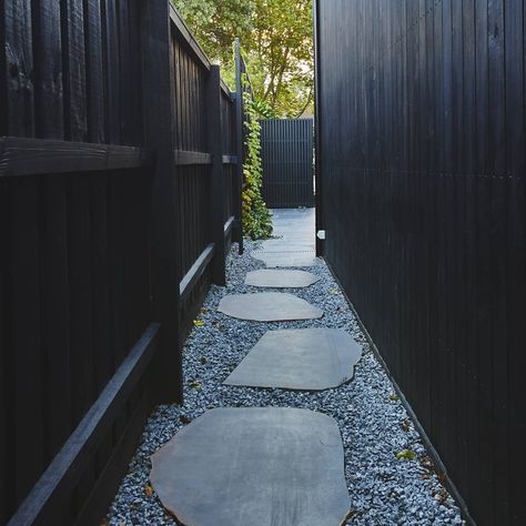 Peachy Green Garden Architects on Instagram: “Before/After. A simple sideway tidy up. #mainstreetnorthcote” Side Path Landscaping, Side House Pathway Ideas, Bluestone Stepping Stones, Side Yard Stepping Stones, Side Of Driveway Landscaping, Fence Ideas Garden, Cheap Privacy Fence Ideas, Cheap Fence Ideas, Side Path