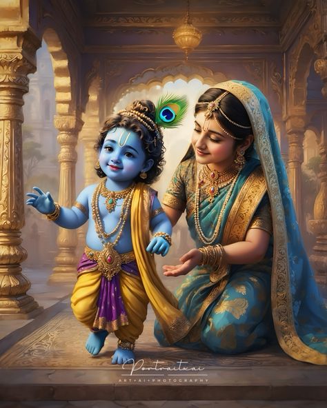 First steps of Krishna ❤️🥰 The Steps of divinity in Dvapara yuga. Beautiful portrait of Krishna & Yashoda Interested in a special portrait for your loved one? Comment below for a unique creation! 💕 . . . #aiart #art #divine #aiportrait #aiportraits #cute #portraitxai #krishna #yashoda #firstepsofkrishna #babykrishna #kalki #lordkrishna #aiposters Krishna Yashoda, Yashoda Krishna, Dussehra Images, Bal Krishna, Om Shanti Om, Baby Krishna, Lord Krishna Wallpapers, Radha Krishna Art, D&d Dungeons And Dragons