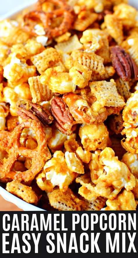 Caramel Popcorn Snack Mix with chex cereal, popcorn, pretzels and homemade caramel sauce! Homemade caramel sauce over fresh popcorn, Chex cereal, and pretzels is a deliciously addicting snack mix that the entire family won't be able to get enough of! #chexmix #popcorn #caramel Popcorn Chex Mix Caramel Corn, Carmel Cereal Snack, Savory Popcorn Snack Mix Recipes, Popcorn Party Mix Recipes, Caramel Snack Mix Recipes, Chex Mix With Popcorn, Carmel Chex Mix Recipes, Popcorn With Almond Bark, Recipes Using Popcorn