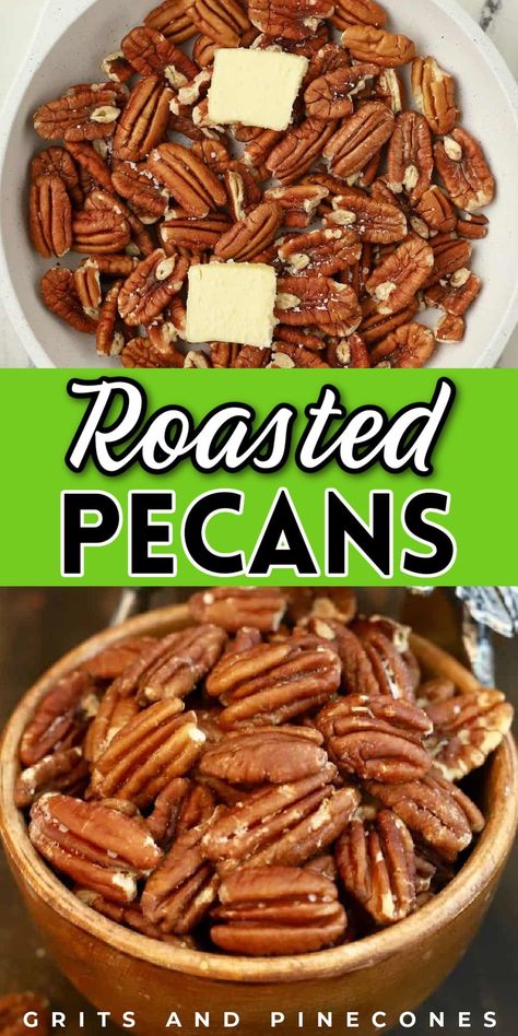 Learn how to roast pecans and make one of the easiest healthy snacks ever! Toasting pecans in the oven is an old-fashioned recipe that brings out the natural oils and gives the pecans an irresistible, nutty flavor. Buttered, salted, and roasted pecans are incredibly addictive and make a terrific snack or party food for guests! How To Roast Pecans, Toasting Pecans, Baked Pecans, Roast Pecans, Food For Guests, Roasted Pecans Recipe, Culinary Knowledge, Roasted Pecans, How To Roast