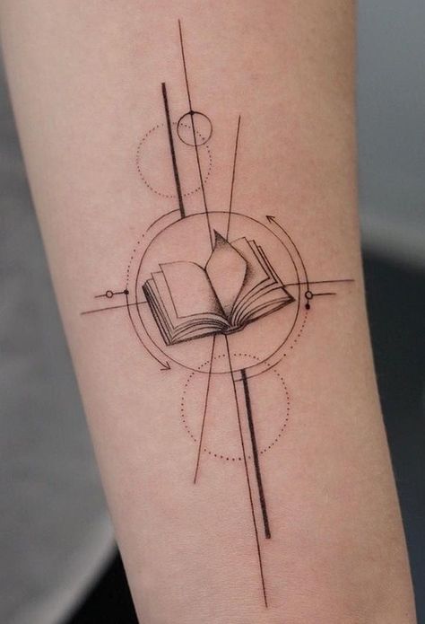 awesome book tattoos Books Inspired Tattoos, Cool Book Tattoos, Geometric Book Tattoo, Tattoo Book Ideas, Book Tatoos Aesthetic, Tattoo For Artist, Books Tattoo Design, Tattoos Of Books, Tattoo Ideas Book Lovers