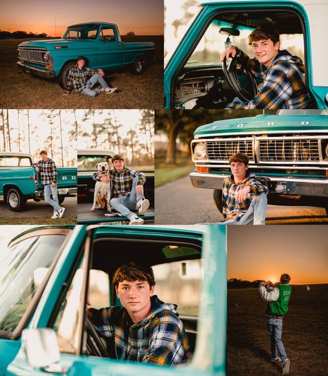 Senior Photos With Truck Boy, Truck Graduation Pictures, Male Senior Pictures Poses With Truck, Senior Boy Truck Pictures, Boys Senior Picture Ideas Farm, Boy Senior Pictures With Truck, Senior Pictures With Truck, Vintage Truck Photoshoot, Unique Senior Picture Ideas For Guys